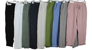 NEW SUMMER LADIES ITALIAN PLAIN COMFY CASUAL POCKET LINEN TROUSERS PANTS - Picture 1 of 9