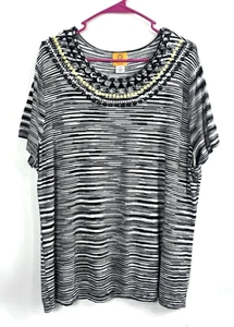 Women's Ruby Rd Black White Abstract Stripe Bead Accent Round Neck Short Sleeve - Picture 1 of 12