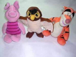 3 Winnie the Pooh Friends: 7" Tigger Plush, "New Piglet", & Owl Beanie 6" Disney