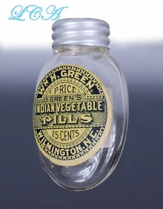 Antique INDIAN VEGETABLE PILLS small oval PILL BOTTLE blown glass N CAROLINA - Picture 1 of 3