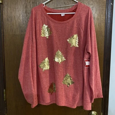 NUEVA Sudadera Holiday Time Roja Cuello Redondo Lentejuelas Dorado Árboles de Navidad Talla Grande Foto 1 de 4