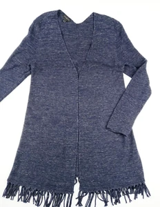 TALBOTS Dark Blue Open Front Long Cardigan Sweater Small Fringed Hem Long Line - Picture 1 of 7