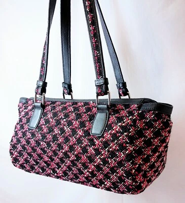 TALBOTS Vintage Pink/Black/Grey Tweed & Leather Satchel Double Handle Bag Purse - Image 1 of 4