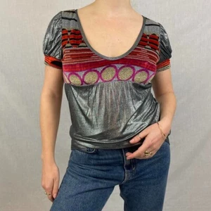 Camiseta Custo Barcelona Plateada Brillante Punteada en Material Brillante M Mujer De Colección - Imagen 1 de 4
