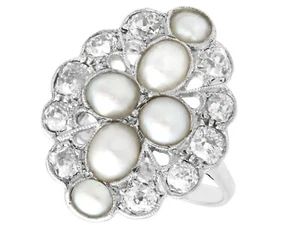 Antique 1900s Pearl and 1.73Ct Diamond 18k White Gold Dress Ring - Picture 1 of 11
