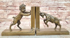 Bronze Bookends – Satyr and Goat Figurine Pair Mythological Sculpture - Picture 1 of 10