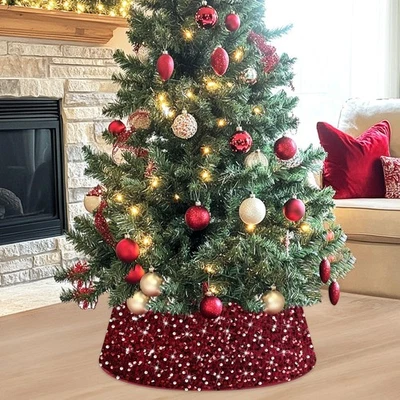 Burgandy Christmas Tree Collar 26 Inch Sequin Xmas Tree Skirt 12 Side Felt Small - Image 1 of 4