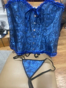 Lingerie-NEW!!-Sexy-Royal Blue & Black-Brocade Corset and G-String Panty Set 4XL - Picture 1 of 10