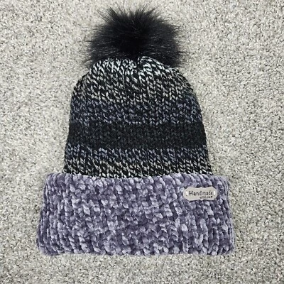 Gorro Tejido Hecho a Mano Toque Tobogán Talla M/L Negro/Gris Cálido Elastizado Pom Pom Foto 1 de 4