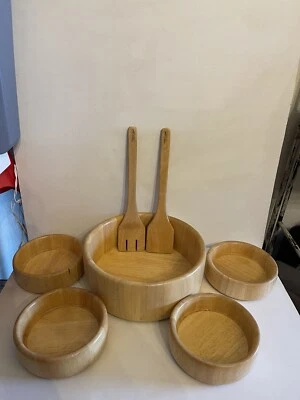 Vintage "1994" Winsome Wood NATURAL SOLID WOOD 7 Piece Salad Bowl Set - Image 1 of 4