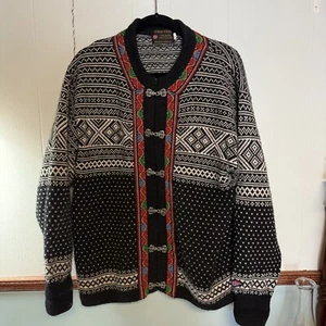NORSKWEAR 100% Wool Black & White Nordic Fair isle Front Clasp Sweater Norway LG - Picture 1 of 8