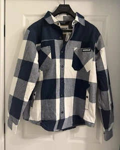 Caterpillar Men’s Navy And White Plaid Flannel Shacket XL NWT - Picture 1 of 9