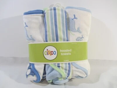 NUEVO Paquete de 3 toallas con capucha Circo azul animal estampado de ballena azul blanco y poco verde Foto 1 de 4