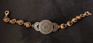 Lucky Brand Gold Tone Tigers Eye Semi Precious Gemstone Bracelet Filigree 7.5" - Picture 1 of 9