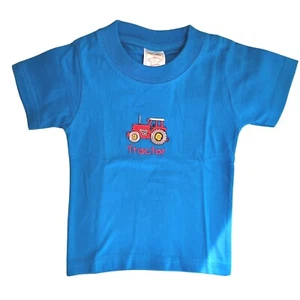 Camiseta Bebé Tractor Algodón Azul Con Bordado Rojo Tractor Manga Corta - Imagen 1 de 3