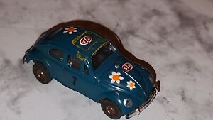 Aurora Thunderjet HO Scale Slot Car:  Blue VW Beetle with Flowers - Flower Power