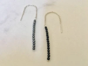 925 Sterling Silver Black Onyx Hematite Gemstone Threader Long Chain Earrings - Picture 1 of 3
