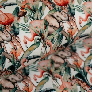 Cotton Jersey Fabric, Safari Animals and Flamingos, Patterned Stretch Fabric - Picture 1 of 3
