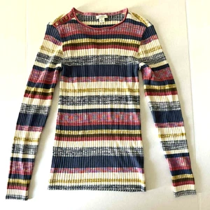 NEW SUNDANCE Striped Ribbed Long Sleeve Accent Button Sweater Top Women's M - Picture 1 of 4