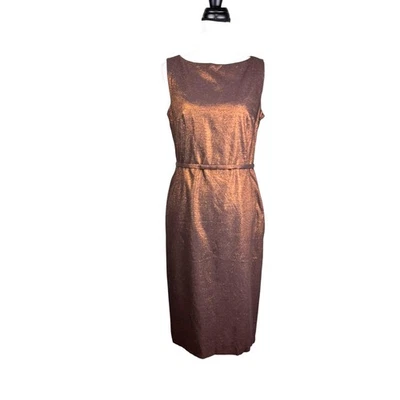 Vestido Vaina Anne Klein 8 Bronce Cobre Brillante Metálico Sin Mangas Cinturón Foto 1 de 4