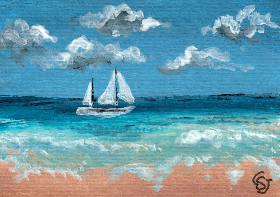 Pintura acrílica original ACEO veleiro praia oceano arte mar assinada por CS Jackson - Imagem 1 de 1