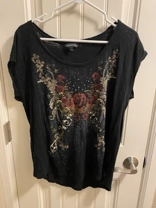 Rock Republic L Top Black Rhinestone Roses Thin Shirt Large Lg Skull Rocker - Picture 1 of 7