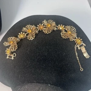 Vintage Signed Barclay Gold Tone Floral Links Rhinestones Safety Chain Bracelet - Picture 1 of 2
