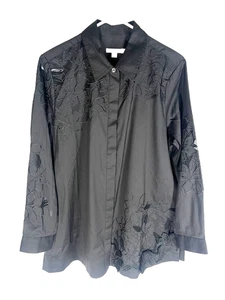 CHICO'S Shirt Size 2 Womens Large Floral Embroidered Floral Black Long Sleeve - Picture 1 of 8