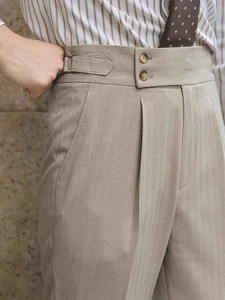 Classic Men High Waist Trousers Spring Autumn Casual Pleated Belt-up Dress Pants - Picture 1 of 11