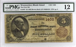 1882 $5 Rhode Island, Woonsocket Brown Back Charter 1402 PMG VF-12 SCARCE - Picture 1 of 2