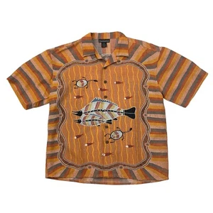 Montage Shirt Mens M Medium Microfiber Tropical Tribal Fish Print Wooden Buttons - Picture 1 of 9
