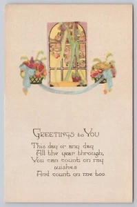 Greetings to You Verse Window Baskets of Flowers Ribbon UNP - Picture 1 of 2