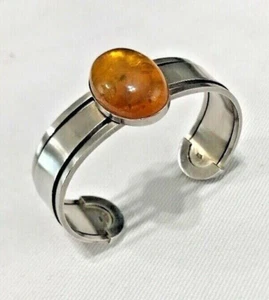 Handmade ~ Sterling Silver .925 ~ Natural Baltic Amber 1" Wide Cuff Bracelet - Picture 1 of 12