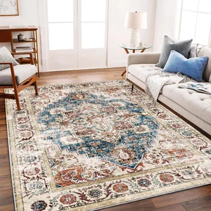 Washable Area Rug 9'X12' Beige Blue Boho Chic Medallion Distressed Design Non-Sh - Picture 1 of 5