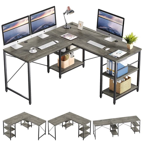 95.5 inches L-Shaped Corner Computer Desk with Shelves Long Table in Grey Cover