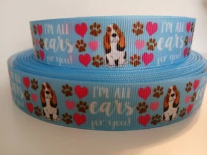 Grosgrain Ribbon Basset Hound Dog I'm All Ears For You Family Dogs Droopy, 7/8" - Picture 1 of 1
