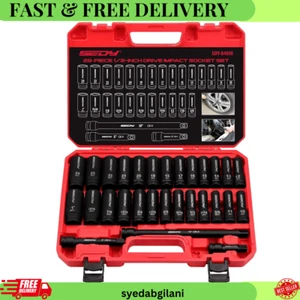 29-Piece 1/2" Drive Impact Socket Set, SAE and Metric Deep Sockets with Socket - Picture 1 of 10