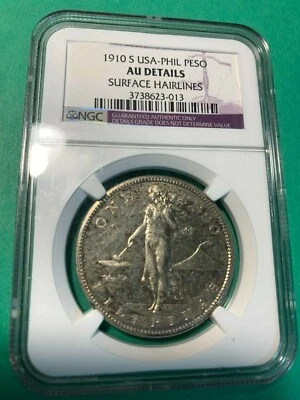 US PHILIPPINES 1910-S ONE PESO NGC AU DETAILS SURFACE HAIRLINES - Image 1 of 4
