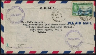 British Honduras 1945 OHMS Stamped CENSORED Cover w/2 OFFICIAL PAID Circles RARE - Image 1 of 4