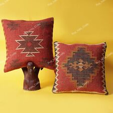 Couple Gift Set of 2 Pillow Cases 18 Inch Wool Jute Cushion Covers Throw Kilim