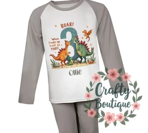 Dinosaur Pjs Personalised Pajamas Nightwear 3rd Birthday Wake Up Three 3 - 1055 - Picture 1 of 2