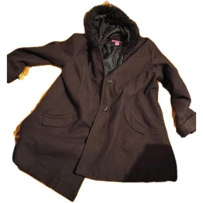 Woman Within Brown Wool Hooded Winter Pea Coat 22w With Faux Fur Trim Jacket  - Image 1 of 4