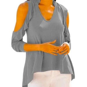 Ruffle V-Neck  2X Cold Shoulder Elbow Sleeve Asymmetric Gray Dressy Top - Picture 1 of 6