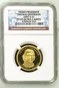 2007 S Proof Thomas Jefferson Presidential Dollar NGC PF-69 w/Special Label - Picture 1 of 2