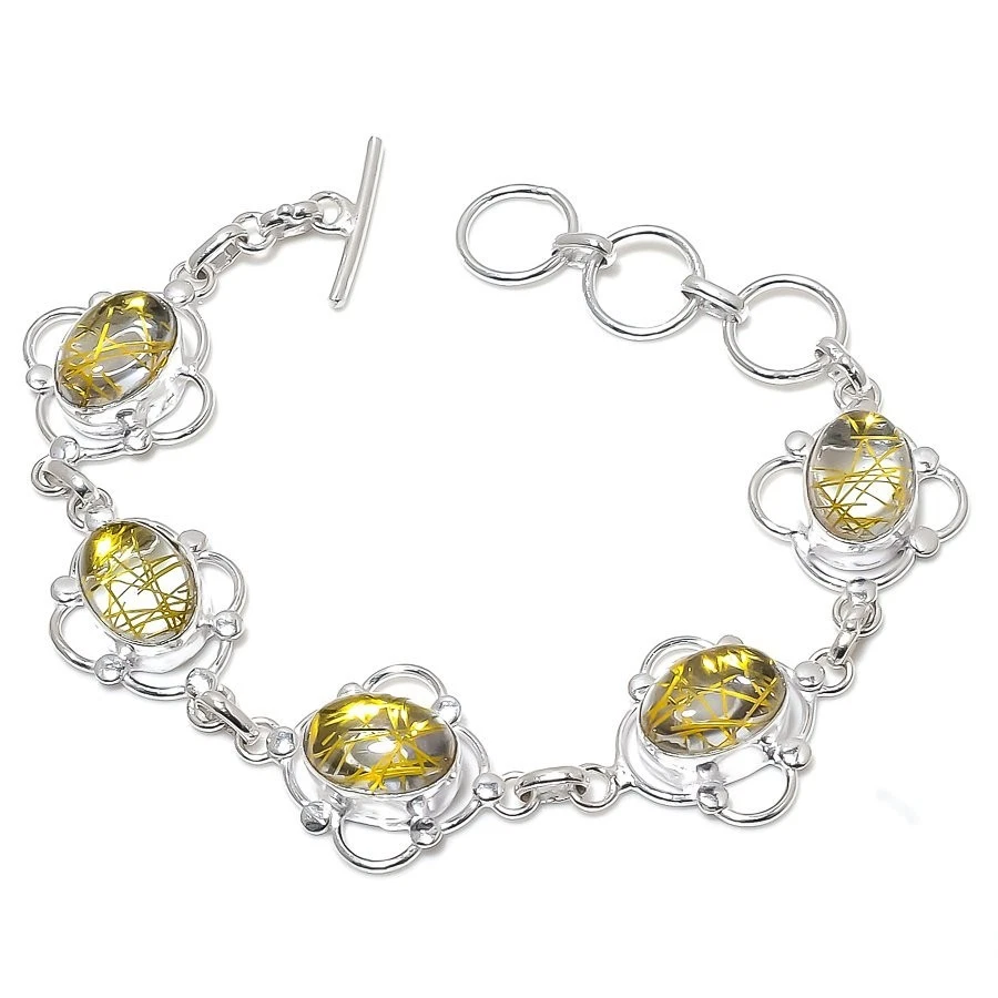 Rutilated Quartz Gemstone 925 Sterling Silver Jewelry Bracelet Size 7-8" - Image 1 of 1