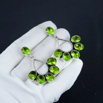 925 Sterling Silver Green Peridot Gemstone Handmade Dangle Earrings Jewelry - Image 1 of 4