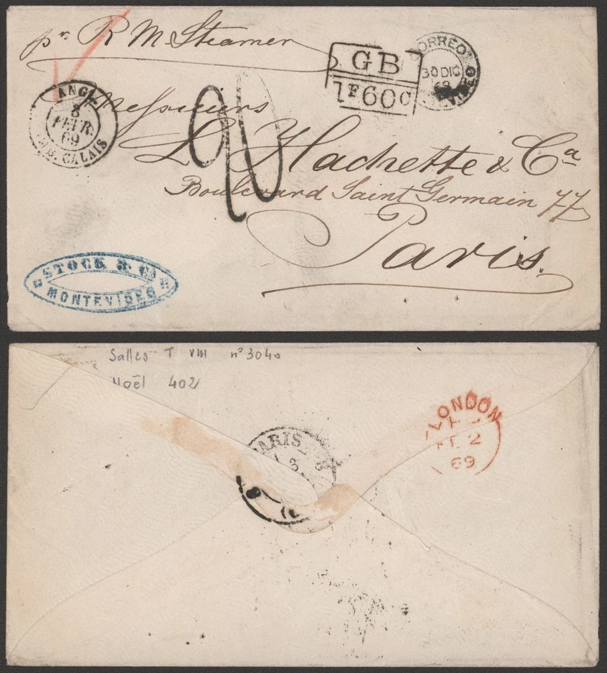 Уругвай 1869 - Морской почтовый конверт Монтевидео в Париж Франция D504 - Изображение 1 из 1