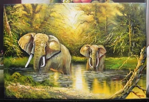ELEFANT SPIEL WASSER WILDTIERE 36" HANDGEMALT ÖLGEMÄLDE WOHNDEKO KUNST S92A - Bild 1 von 4