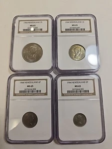 1964 New Zealand 4 Coin Set 2S,1S,3 & 6 Pence Graded NGC MS 65 - Picture 1 of 10