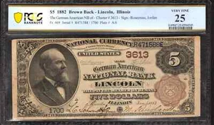 1882 $5 GERMAN AMERICAN NATIONAL BANK NOTE CURRENCY LINCOLN ILLINOIS PCGS VF 25 - Picture 1 of 2